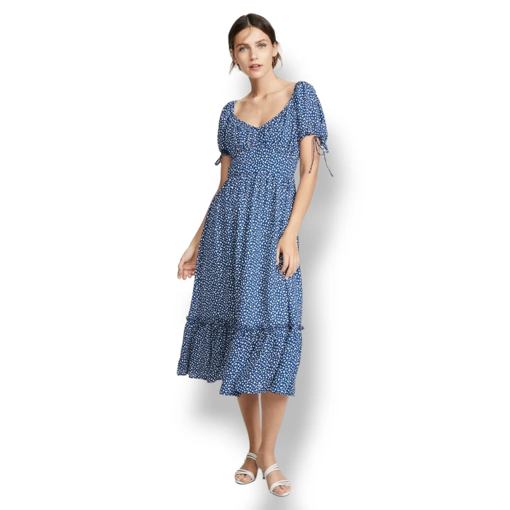 Moon River Women's Blue Dot Midi Tiered Dress sz XSmall - Picture 2 of 9